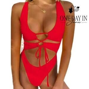 Aleumdr High Cut Tie Front One Piece Swimsuit Size M